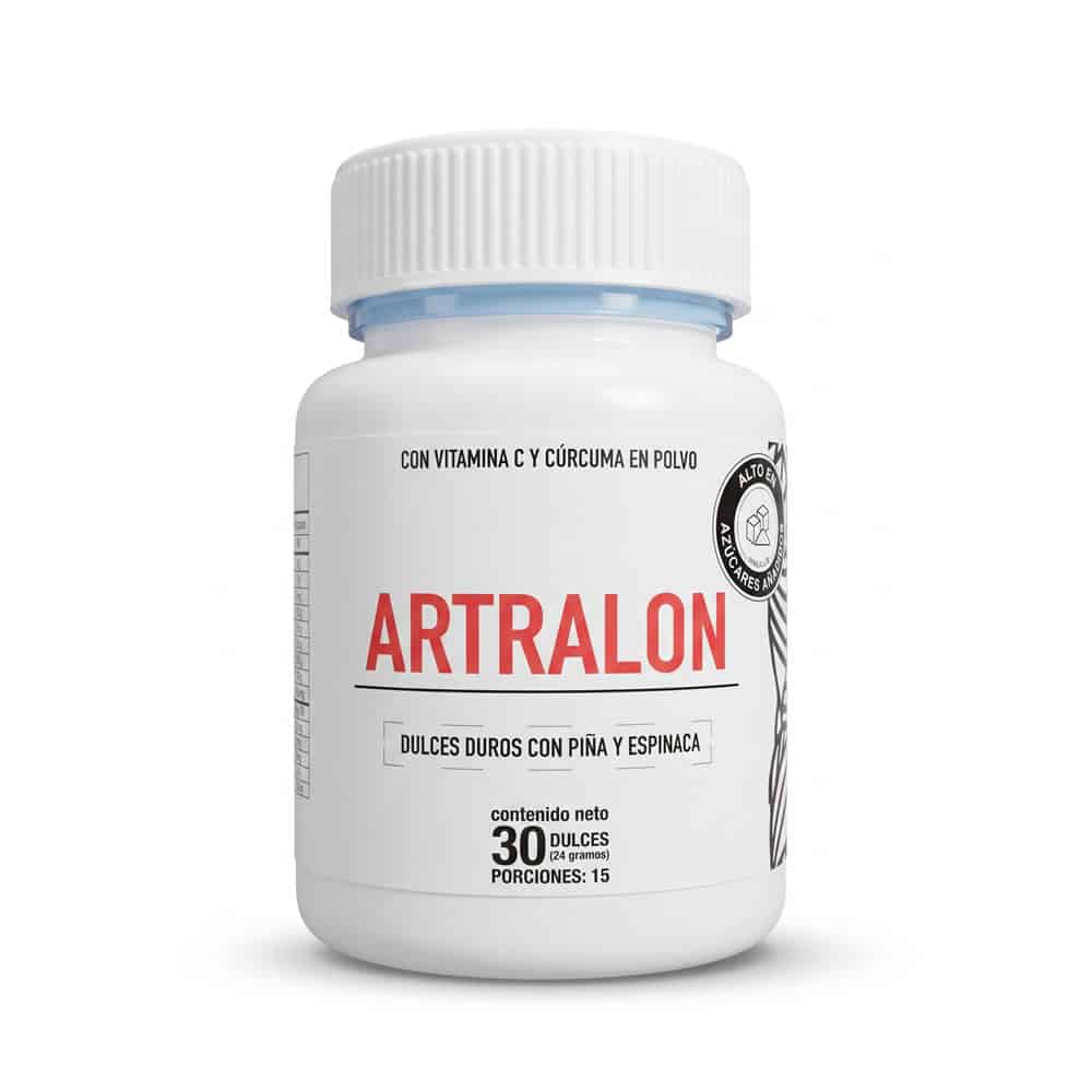 Envase y empaque de caja original Artralon Nutripharma, suplemento dietario para el dolor articular en Colombia, mostrando su sello INVIMA y contenido de vitamina C y cúrcuma.