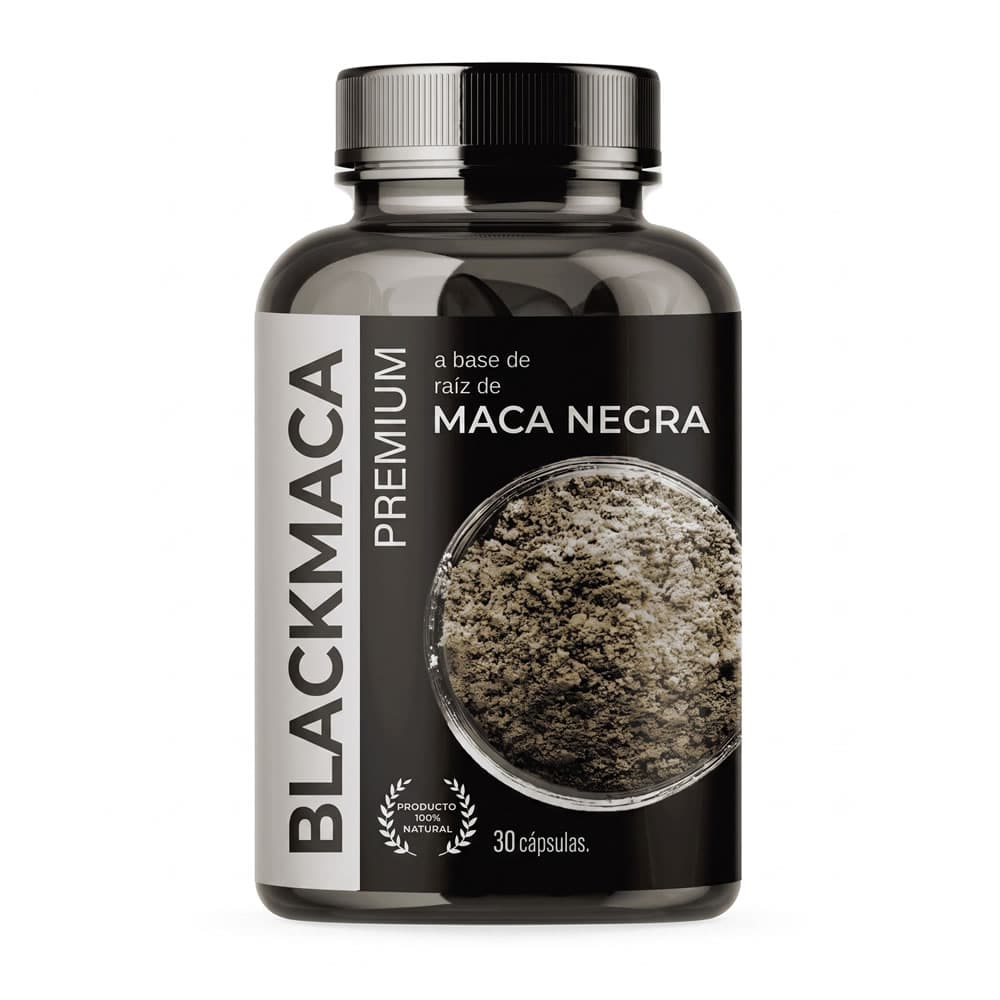 Envase oscuro de Black Maca Premium de 30 cápsulas, suplemento natural de maca negra para la vitalidad masculina.