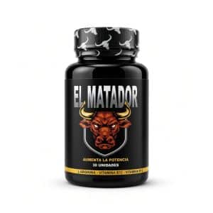 Frasco negro brillante de El Matador Potenciador de 30 cápsulas, con ilustración frontal de un toro rojo imponente que representa fuerza y vitalidad masculina, texto inferior indica L-Arginina y Vitamina B12.