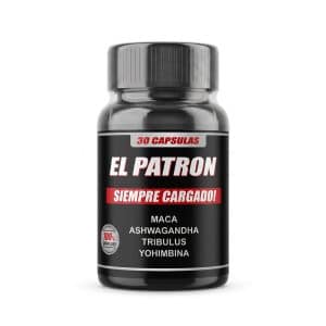 Frasco oscuro de 30 cápsulas del suplemento natural El Patrón. La etiqueta muestra el lema 'Siempre Cargado!' e incluye los ingredientes maca, ashwagandha, tribulus y yohimbina, junto con un sello de 100% resultados.