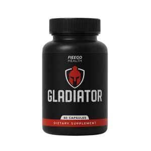 Frasco negro de Gladiator de Fieego Health, suplemento dietario en cápsulas para la potencia masculina, con etiqueta negra, franja roja y el logo de un casco espartano