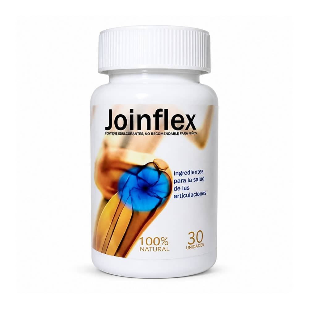 Envase blanco de Joinflex, suplemento natural para articulaciones de 30 cápsulas, con ilustración de una rodilla sana y detalles del registro INVIMA, ideal para el alivio articular y movilidad.