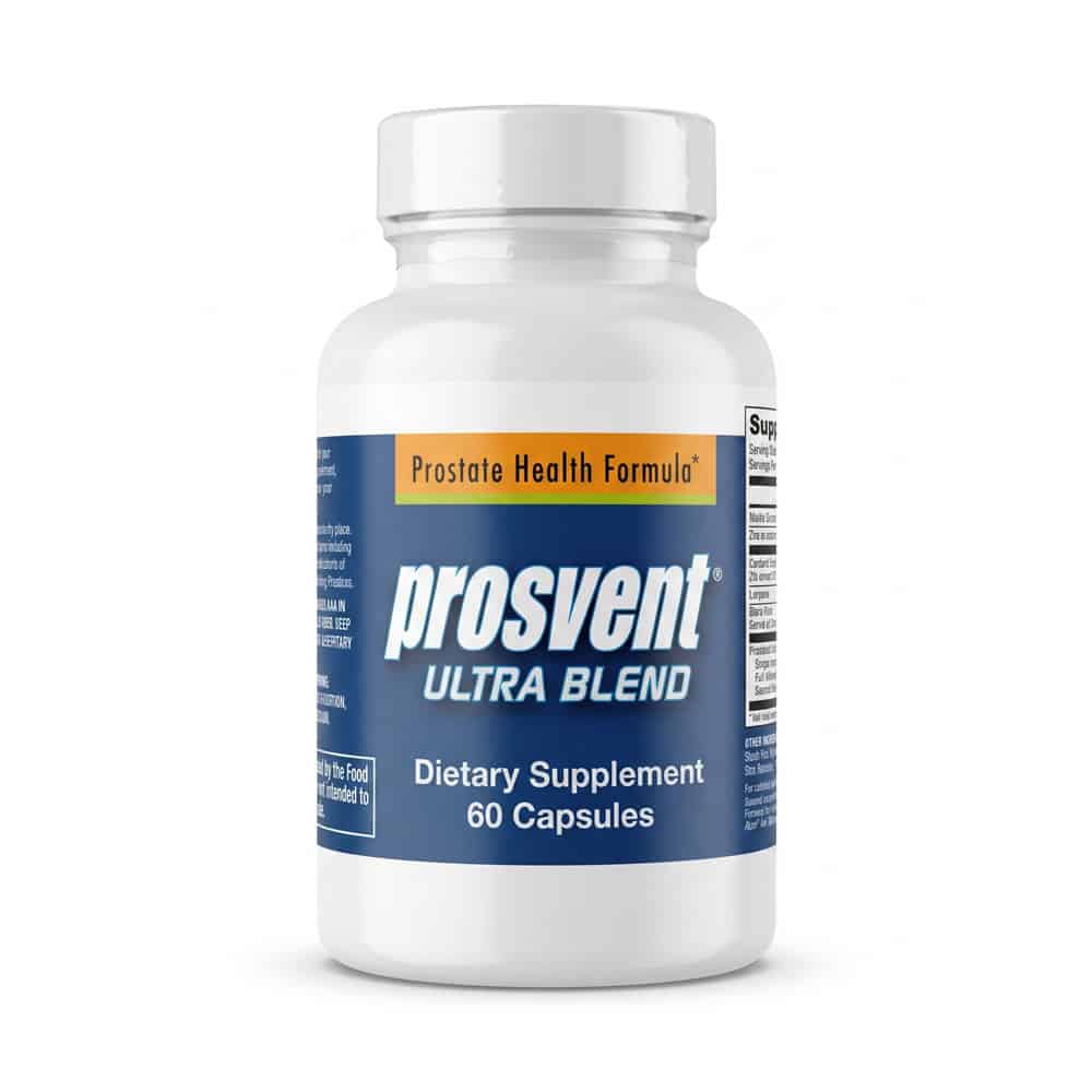 Frasco de Prosvent 60 cápsulas, suplemento natural con saw palmetto para apoyar la salud de la próstata, reducir el goteo y mejorar la función urinaria masculina.