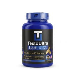 Frasco azul de Testo Ultra Blue Special Edition, potenciador natural de testosterona y vitalidad masculina de Biotrim Labs.