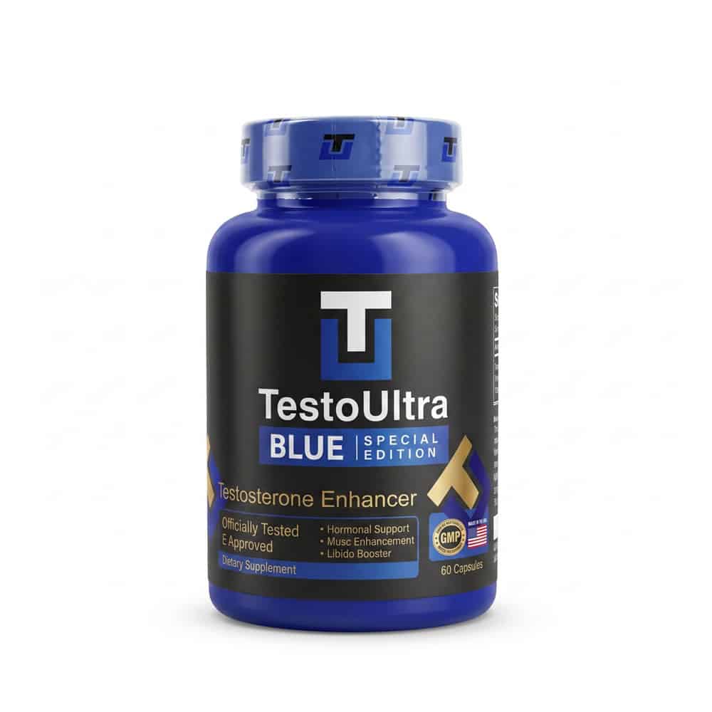Frasco azul de Testo Ultra Blue Special Edition, potenciador natural de testosterona y vitalidad masculina de Biotrim Labs.