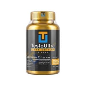 Frasco dorado y negro de Testo Ultra Gold Edition Stronger de 60 cápsulas, suplemento natural con anabólicos naturales para potenciar la testosterona y la salud masculina.