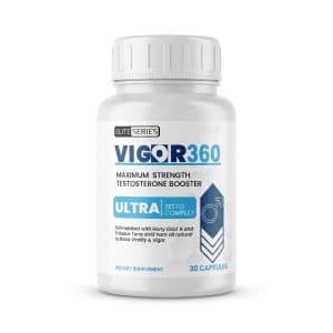 Envase blanco de 30 cápsulas del suplemento dietario Vigor 360 Elite Series, con etiqueta frontal que destaca 'Maximum Strength Testosterone Booster' y 'Ultra Testo Complex' para la vitalidad masculina.