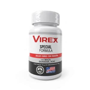 Envase blanco de Virex Special Formula, un suplemento natural para la próstata y energía con etiqueta roja y negra que detalla ingredientes como Maca, Guaraná y Acaí, mostrando sellos de ingredientes naturales y la bandera de Hecho en USA.