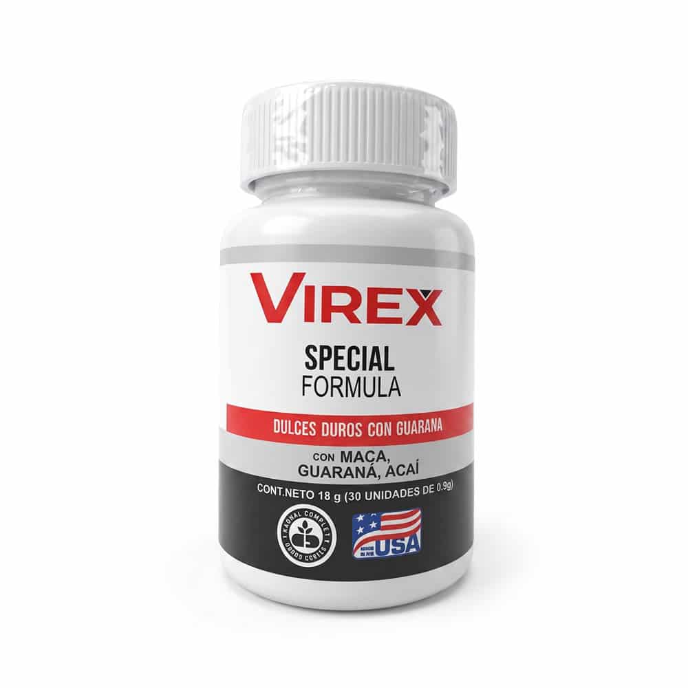 Envase blanco de Virex Special Formula, un suplemento natural para la próstata y energía con etiqueta roja y negra que detalla ingredientes como Maca, Guaraná y Acaí, mostrando sellos de ingredientes naturales y la bandera de Hecho en USA.